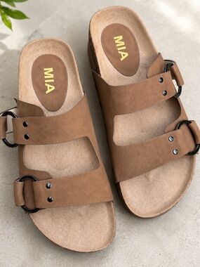 Mia Shoes Brown Double-Buckle Slide Sandals